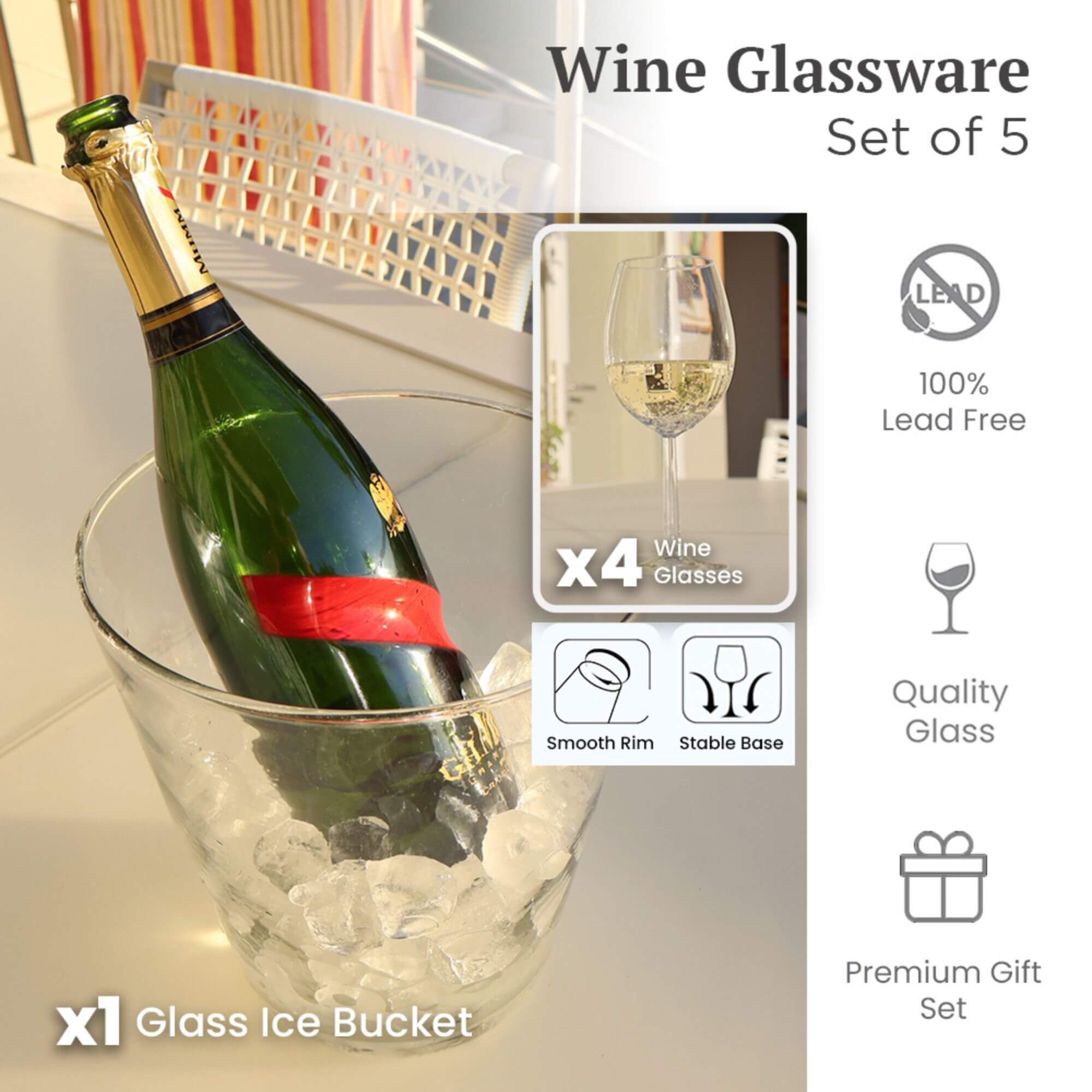 Wine Glass 430ml and Glass Ice Bucket 1.5 Litres - Set of 5
