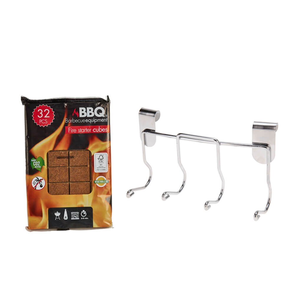 Braai Tool Holder with 4 Hooks and Natural Fire Starters 