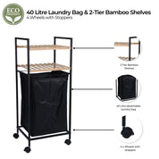 Bathroom Rack Organizer - Bamboo Shelves and Laundry Basket on Wheels - 40L