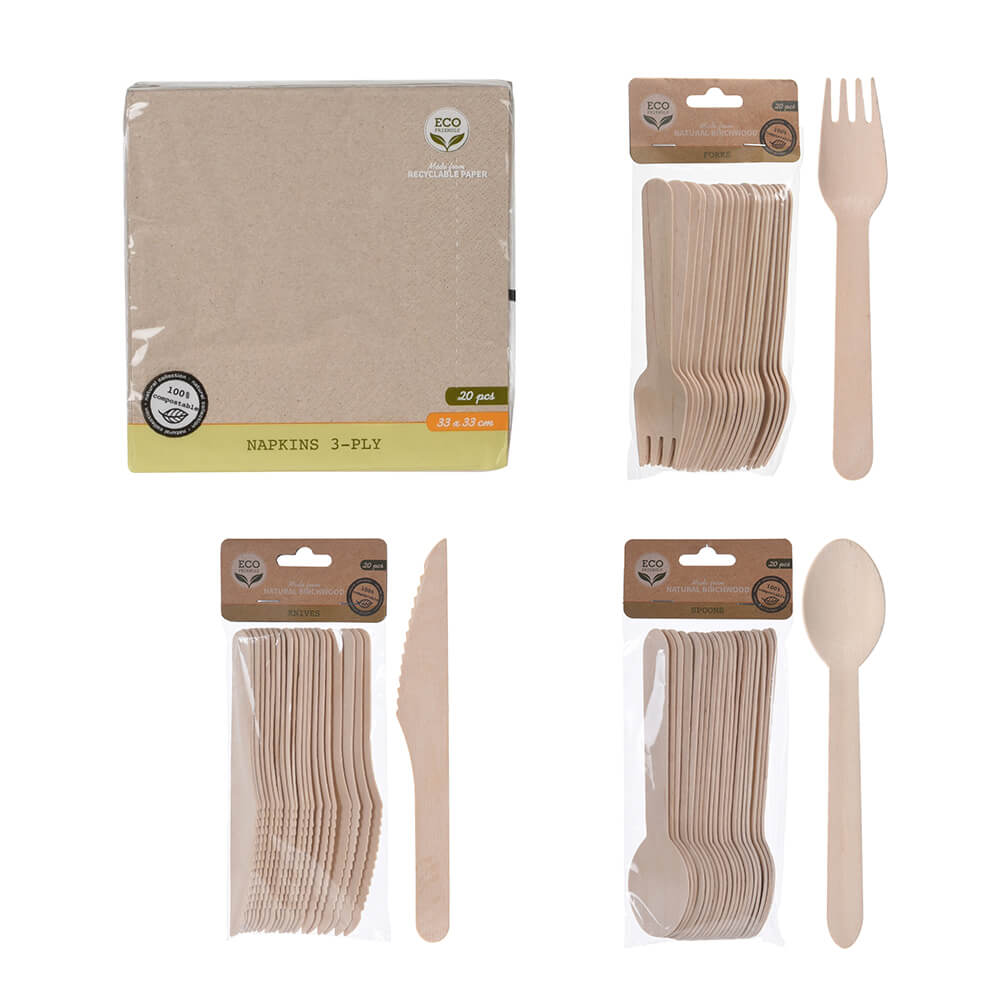 Birchwood Biodegradable Cutlery Set with Plain Serviettes - 80 Pieces 