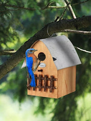 Hanging or stand-alone birdhouse!  Crafted from natural wood with a zinc metal roof, this birdhouse is durable and sturdy to keep your bird visitors sheltered and warm in any weather conditions. Providing a safe place for birds to nest, feed, or rest and attracting these peaceful creatures with soothing chirps into your garden, this birdhouse is a gift to both the birds and yourself. 