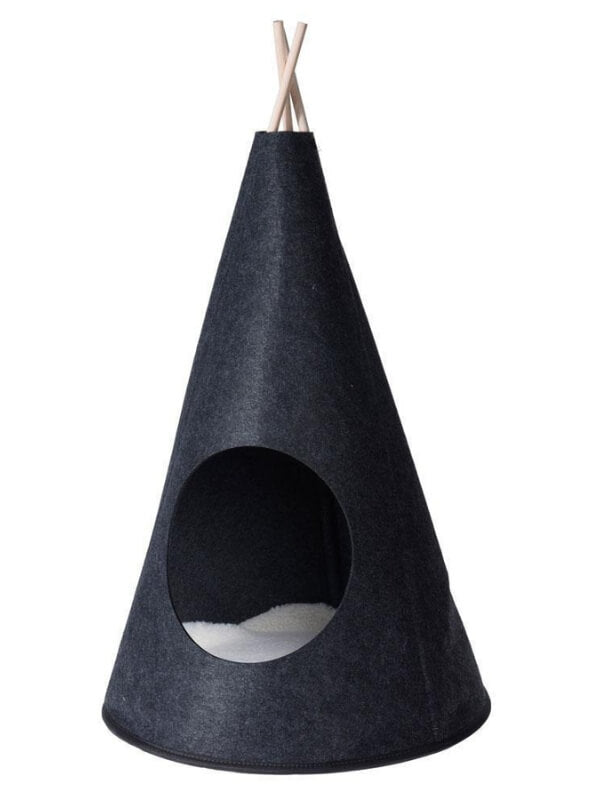 Make sure your cat relaxes by choosing this cozy tent-shaped Tipi bed.   The felt cover on a wooden frame creates a hole which is a hideout or a place to rest for your pet. The bed is soft, cozy, perfect for a cat or a small dog. The unique design makes this charming tipi tent a decoration in any room.  It's a unique native American design that will suit your home decor and will fit effortlessly into your living space. Both you and your pet will love it.