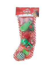 10 piece Christmas Cat Toys in Xmas Stocking.  Entertain your energetic cat for hours with this amazing set of different cat toys. It contains assorted 10 toys that are stored in a Christmas stockings shape package. For play only. Not a child's toy. Toys should be removed and replaced if excessive wear or damage occurs.