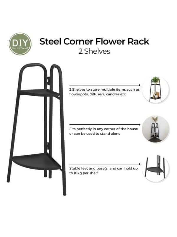 Corner Rack Flower Stand with 2 Shelves - Steel Design