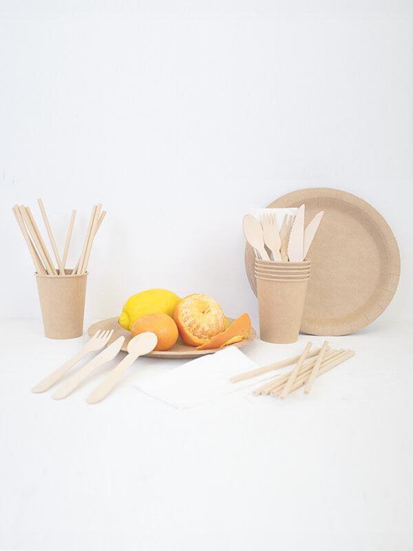 Enjoy a picnic by reducing your carbon footprint with our natural eco-friendly dining set. It comprises birchwood cutlery, recycled paper napkins, kraft paper cups, plates, and straws. This 192-piece set is 100% compostable within 45 days, free of chemicals, and ideal for any event.