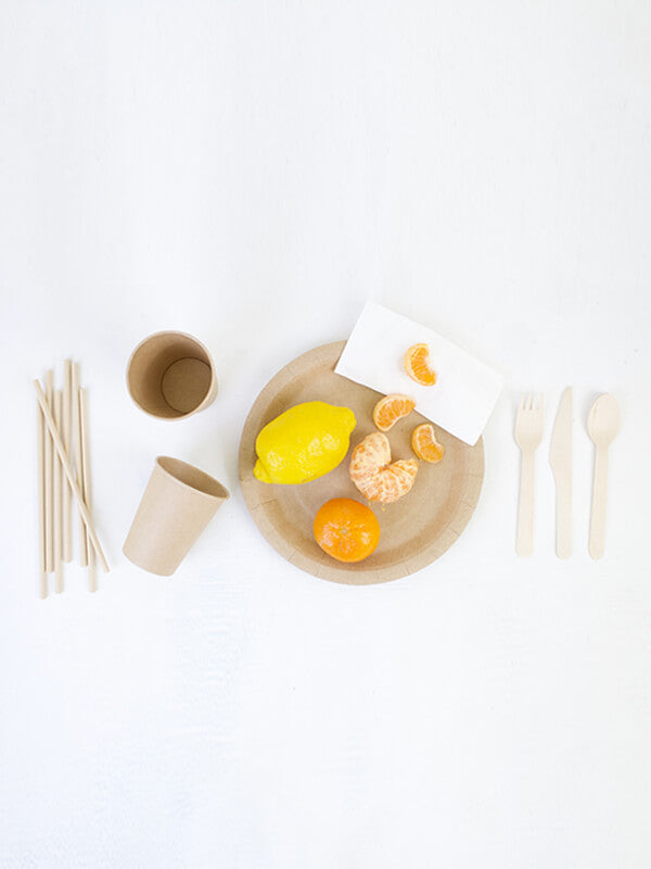 Enjoy a picnic by reducing your carbon footprint with our natural eco-friendly dining set. It comprises birchwood cutlery, recycled paper napkins, kraft paper cups, plates, and straws. This 192-piece set is 100% compostable within 45 days, free of chemicals, and ideal for any event.