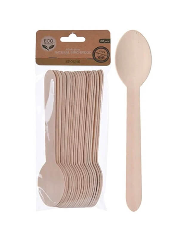This 100% Birchwood spoon set of 20 pieces has no chemicals and is made from natural materials and is biodegradable. This plant-based cutlery set is an easy, affordable, and necessary sustainable swap for plastic cutlery. Ideal for events or household use. 