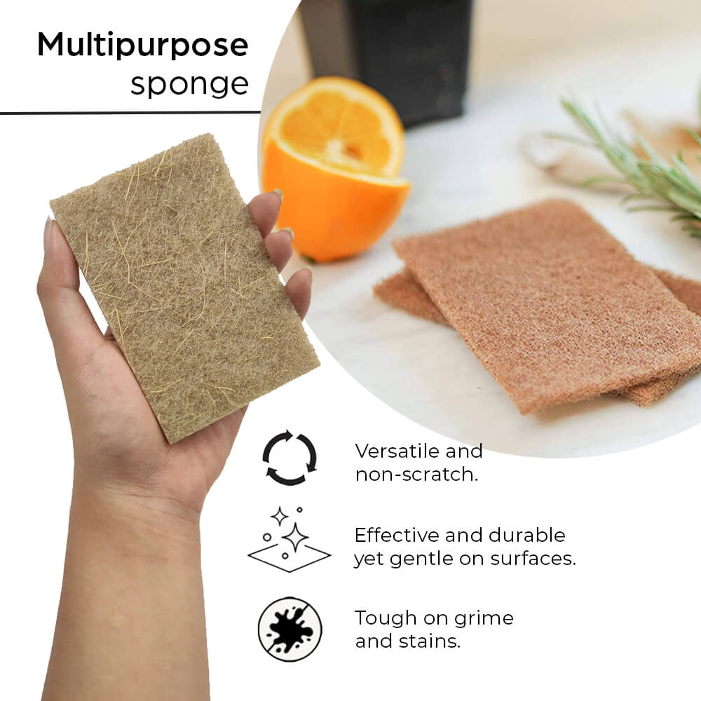 These scouring sponges are made from sustainable & recycled materials designed for cleaning kitchen surfaces, appliances and dishes. Effective for cleaning dirt and stains yet gentle enough not to scratch surfaces, this is a perfect sustainable swap in your household.