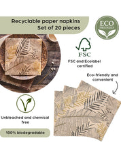 Our disposable thick tan eco-friendly serviettes are made from recycled paper. It is 100% compostable within 45 days and it comes in a set of 20, which is ideal for dinner parties, picnics and camping trips. 