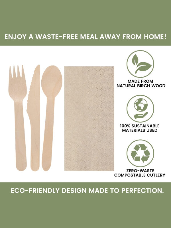 Lower your carbon footprint with our 100% natural birchwood cutlery and recycled paper serviettes in a set of 24. It is eco-friendly as 100% compostable within 45 days as made of plant-based materials and contains no chemicals. Suitable for any event. 