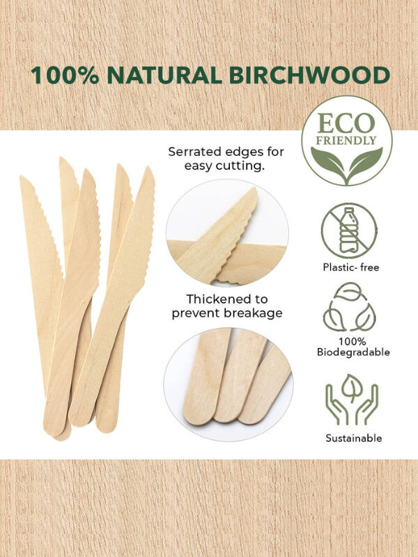 This 100% Birchwood knife set of 20 pieces has no chemicals and is made from natural materials and is biodegradable. This plant-based cutlery set is an easy, affordable, and necessary sustainable swap for plastic cutlery. Ideal for events or household use.
