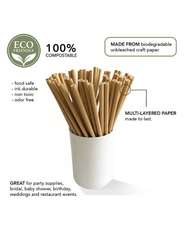 Lower your carbon footprint with our 100% natural kraft paper straws. Made from plant-based material, these straws are chemical-free and 100% compostable within 45 days. A necessary eco-swop from plastic straws. Ideal for events and daily use! Comes in a set of 200 (2 packs of 100).