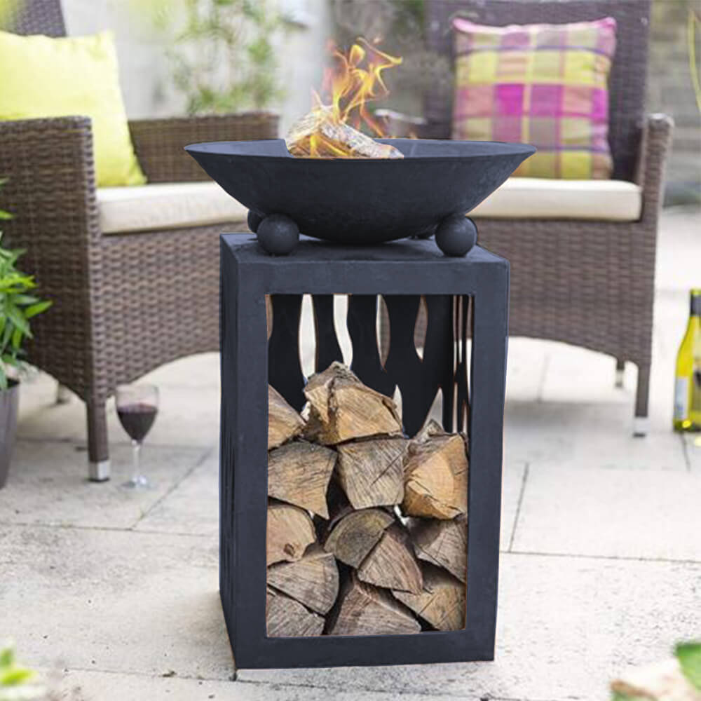 Fire Bowl on Stand with Log Holder and Natural Fire Starters