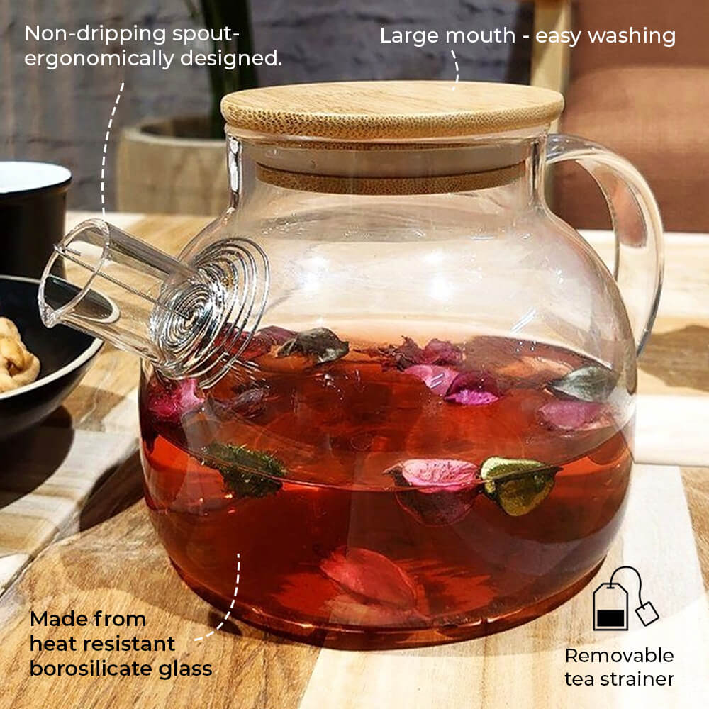 Teapot with Heat-Resistant Borosilicate Glass and Natural Bamboo Lid - 1 Litre