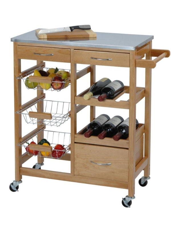 Chariot de cuisine avec tiroirs, étagère et comptoir en acier inoxydable 