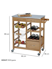 Chariot de cuisine avec tiroirs, étagère et comptoir en acier inoxydable 