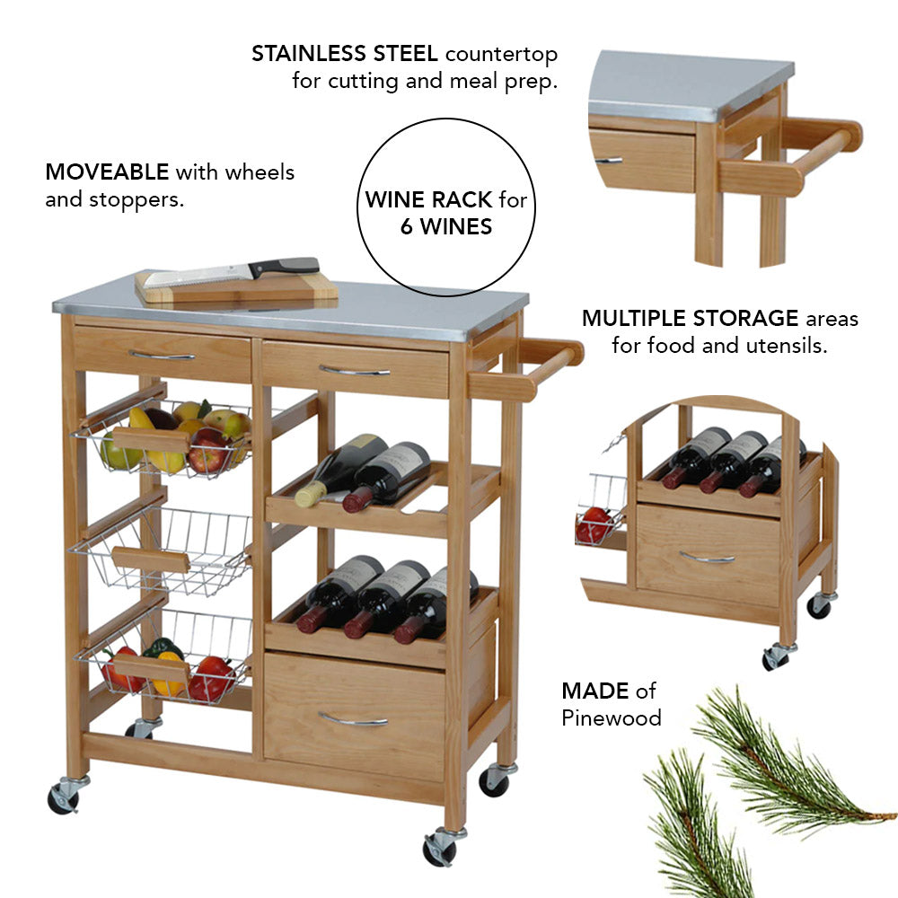 Kitchen Trolley with Drawers, Rack and Stainless Steel Countertop