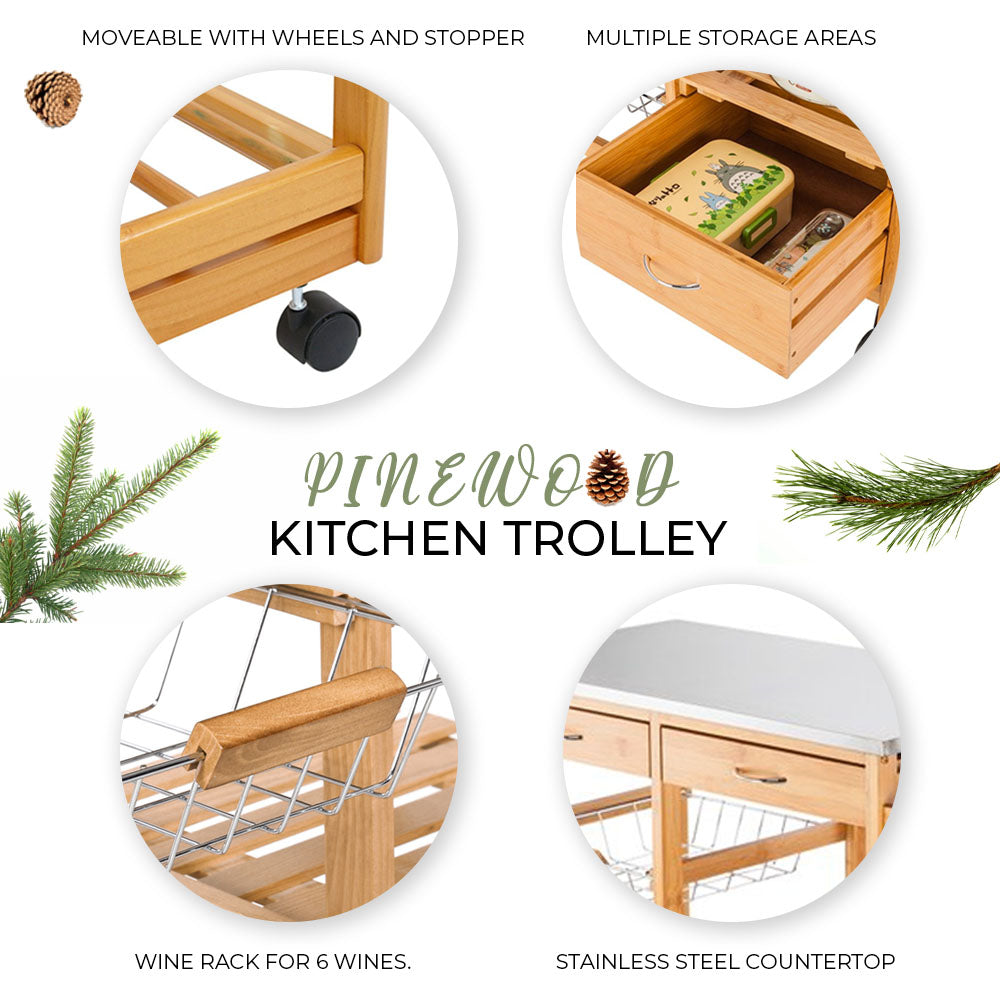 Kitchen Trolley with Drawers, Rack and Stainless Steel Countertop