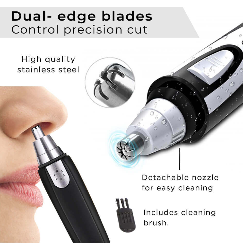 The ultimate grooming tool! Designed for precision trimming, this trimmer effectively removes unwanted nose and ear hair with ease and comfort. With a detachable nozzle and stainless steel blades, this trimmer is durable and easy to clean after use.
