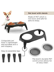 The raised and collapsable double-diner feeding unit! The elevation of this feeding unit allows for better food and water digestion for your pets and will prevent ants and other pests from invading your pet's food and water. Made from stainless steel, these bowls are veterinarian-recommended and rust-resistant. With removable legs and collapsable bowls, you can easily disassemble this feeding unit for travel and storage purposes. 