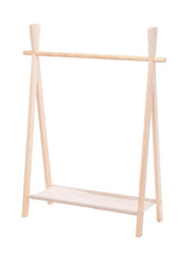 Where storage and style meet  This tipi-style clothing and shoe rack is suitable for any room with a natural and timeless Pinewood design. Featuring a Pinewood bar for hanging clothes and a Bamboo shelf for shoes, this compact and stylish portable closet will accentuate any room. The size of this rack makes it perfect for a nursery or children's room and it will serve as the perfect hanging storage for towels and blankets.