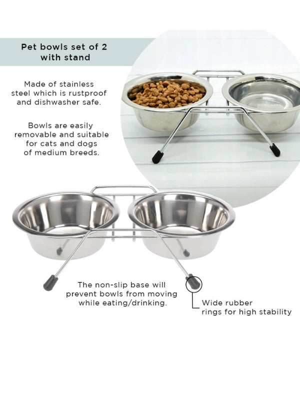 The raised and noise-free double-diner feeding unit!  With rubber covers on each leg, you can be assured your floors will be safe from scratches and that your pets can eat and drink without the noise of their bowls skidding across the floor. The elevation of this unit allows for better food and water digestion for your pets and will prevent ants and other pests from invading your pet's food and water. made from stainless steel, these bowls are veterinarian recommended and rust-resistant. 
