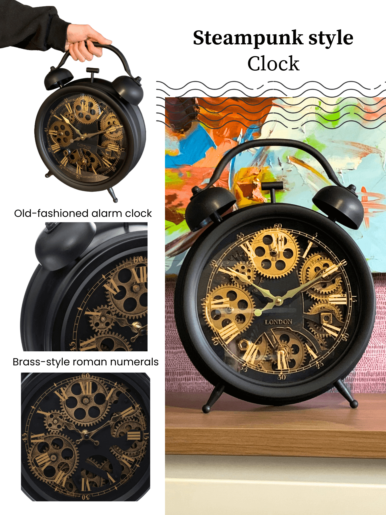 Grande horloge avec chiffres romains - London Gold and Black Design 