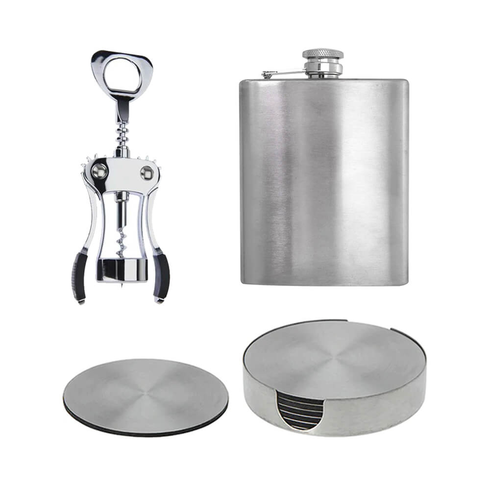 Stainless Steel Bar Set of Coasters, Hip-Flask and Wine Corkscrew