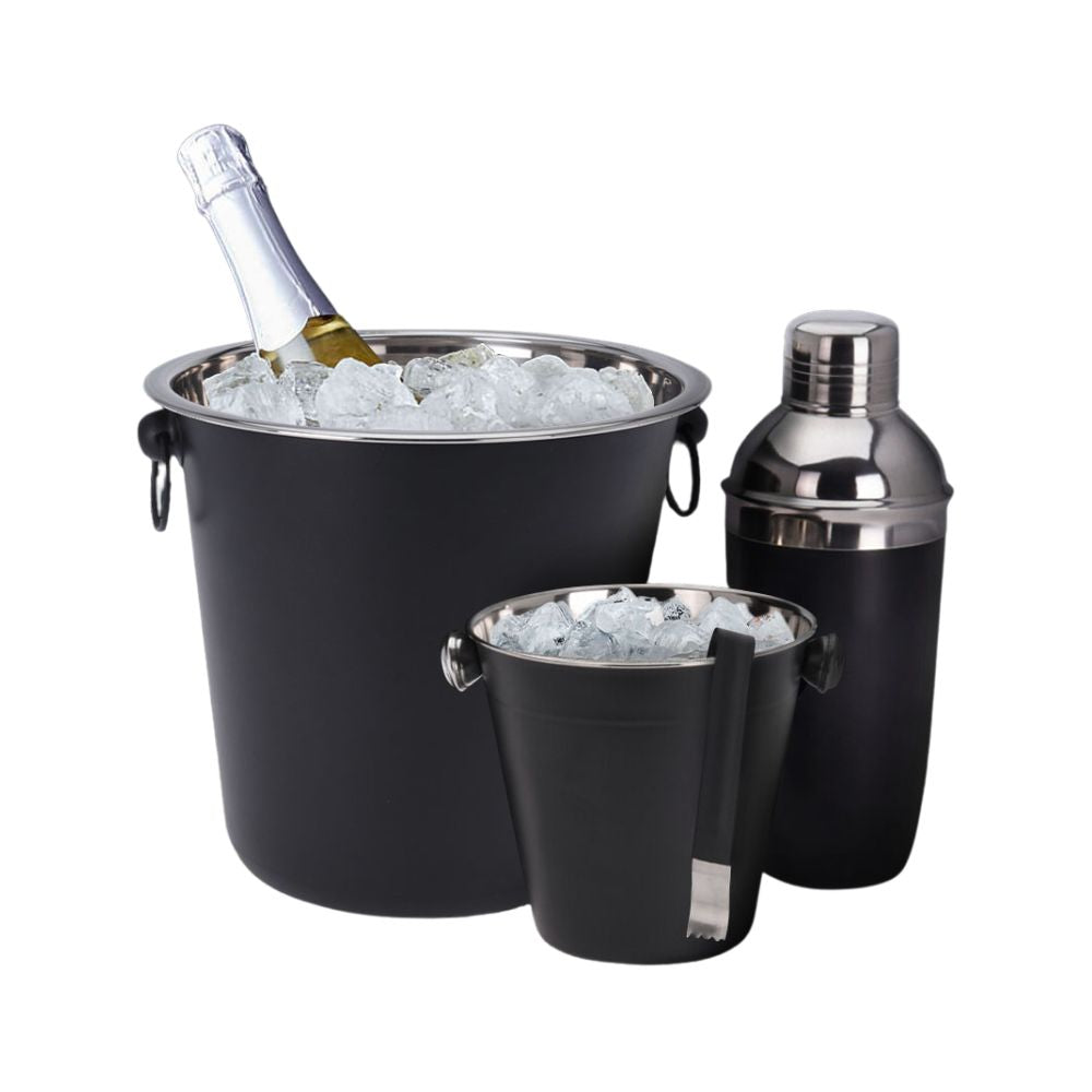 Stainless Steel Cocktail Shaker, 2 Ice Buckets and Tongs - Bar Gift Set of 4 