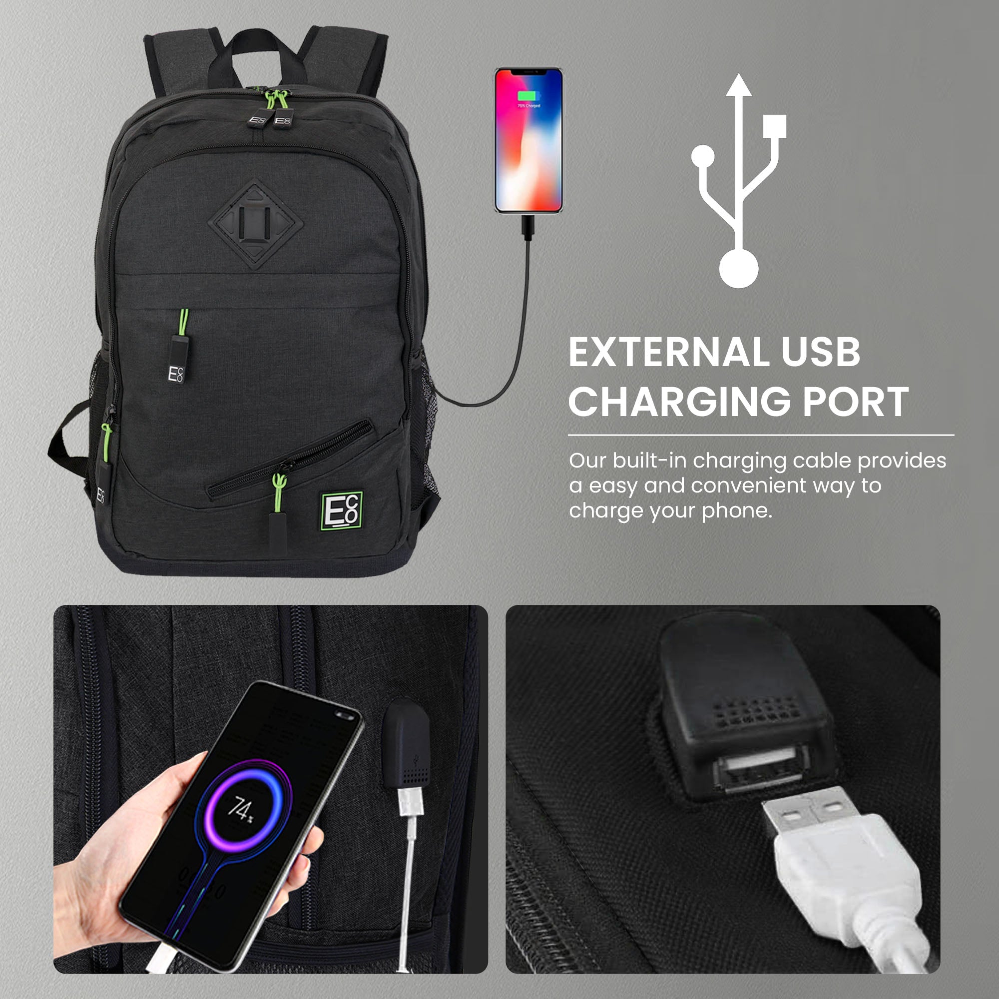 Backpack with 5 Compartments, USB Laptop & Phone Charging Port
