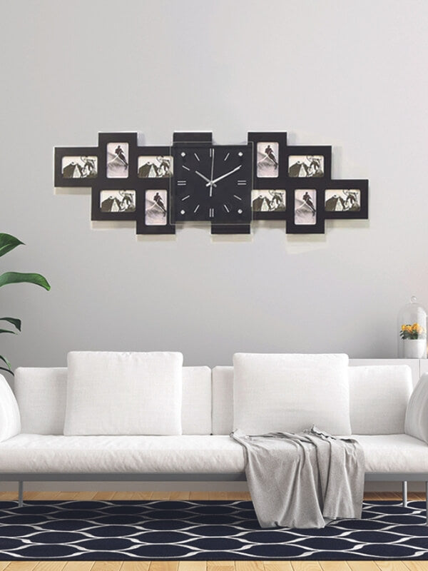 This modern and sleek wall clock is surrounded by 10 photo frames to create a dimensional and eye-catching feature in your home. Perfect for any room in your home, simply fill this frame with your favorite moments and hang it in your desired location.
