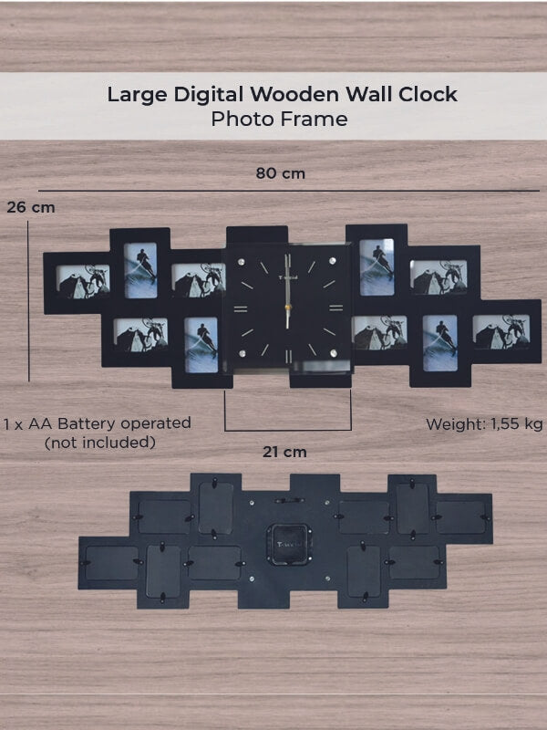 This modern and sleek wall clock is surrounded by 10 photo frames to create a dimensional and eye-catching feature in your home. Perfect for any room in your home, simply fill this frame with your favorite moments and hang it in your desired location.