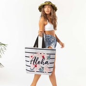 Beach Tote Bag with Aloha Print and Floral Design