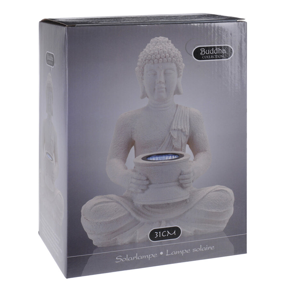 Solar Powered Buddha Statue is powered by a solar panel, the solar-powered garden, indoor LED light absorbs energy from the sun. It will shine up to 6 hours when fully charged. Perfect for any place with direct sunlight such as an outdoor patio, garden, porch, lawn, pathway, driveway. Size: 21cm x 14cm x 28cm. Eco lifestyle online shop 095500300