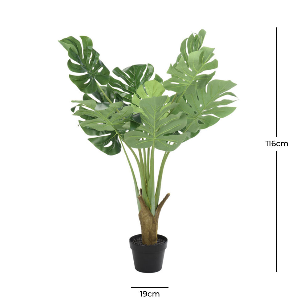 Eco lifestyle - ecolifestyle.shop The collection of decorative artificial plants features 10 large finely crafted leaves in a black pot. Can be used for indoor decoration or outdoor garden furniture. Synthetic Artificial Plant in Black PP Pot with Stones and 10 Leaves. Size: 90cm. Material: Plastic. 318000070 - 8719202476019