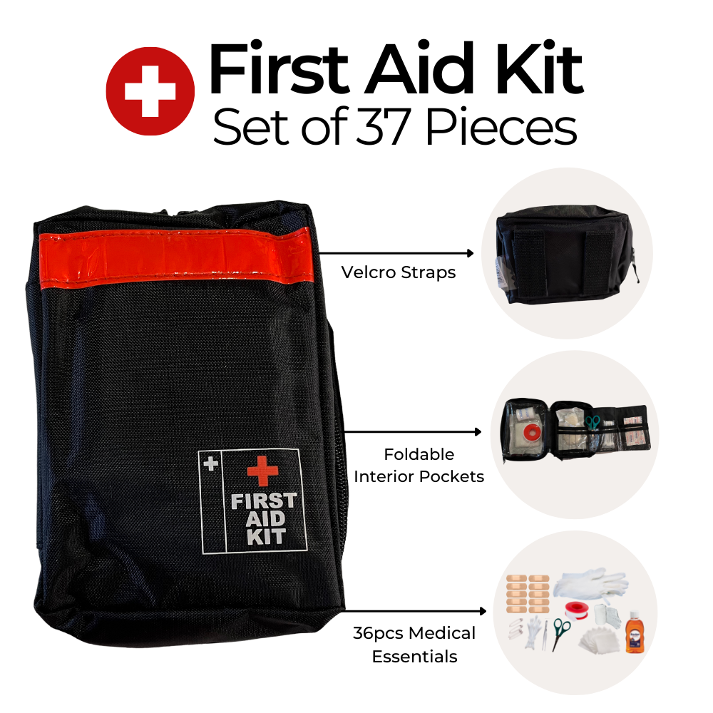 Local Cape Town South African online store. Pick up, same day delivery, home delivery within 2-5 days. The first aid kit bag has 36 medical supplies that are needed. Scissors, BPT bandage roll, Disinfected bottle, Adhesive tape roll, Vinyl pair of gloves, Safety pins, Dressing pads, Plasters, Cotton buds