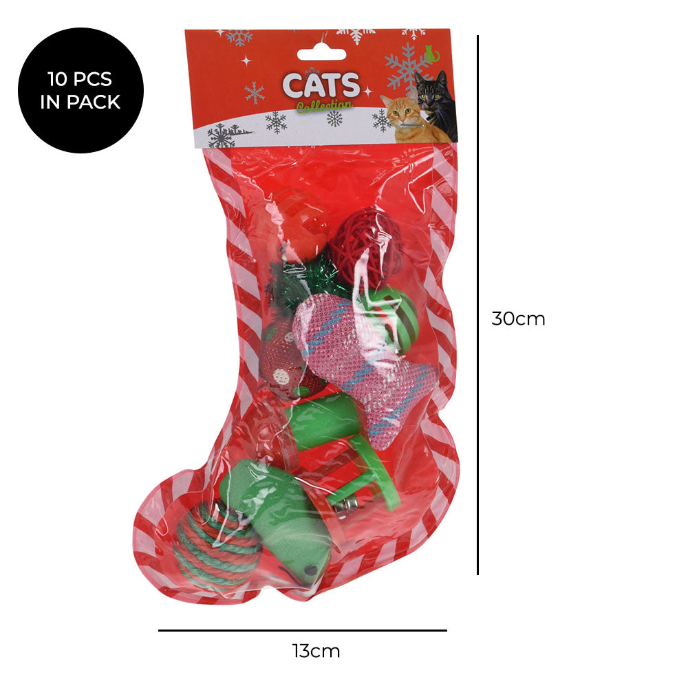 Eco lifestyle - ecolifestyle.shop It contains assorted 10 toys that are stored in a Christmas stockings shape package. All-in-one xmas set of 10 cat toys. Keeps your kitten or cat entertained avoiding scratching furniture. 10 x Cat Toys Fish, mouse, balls, cat toys. Material: Polypropylene. 491800240 - 8719987317354.