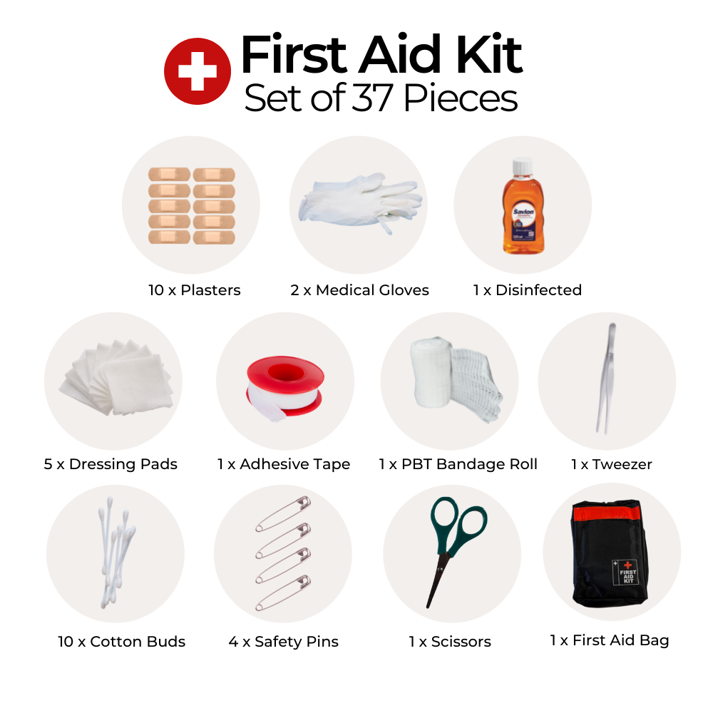 Local Cape Town South African online store. Pick up, same day delivery, home delivery within 2-5 days. The first aid kit bag has 36 medical supplies that are needed. Scissors, BPT bandage roll, Disinfected bottle, Adhesive tape roll, Vinyl pair of gloves, Safety pins, Dressing pads, Plasters, Cotton buds
