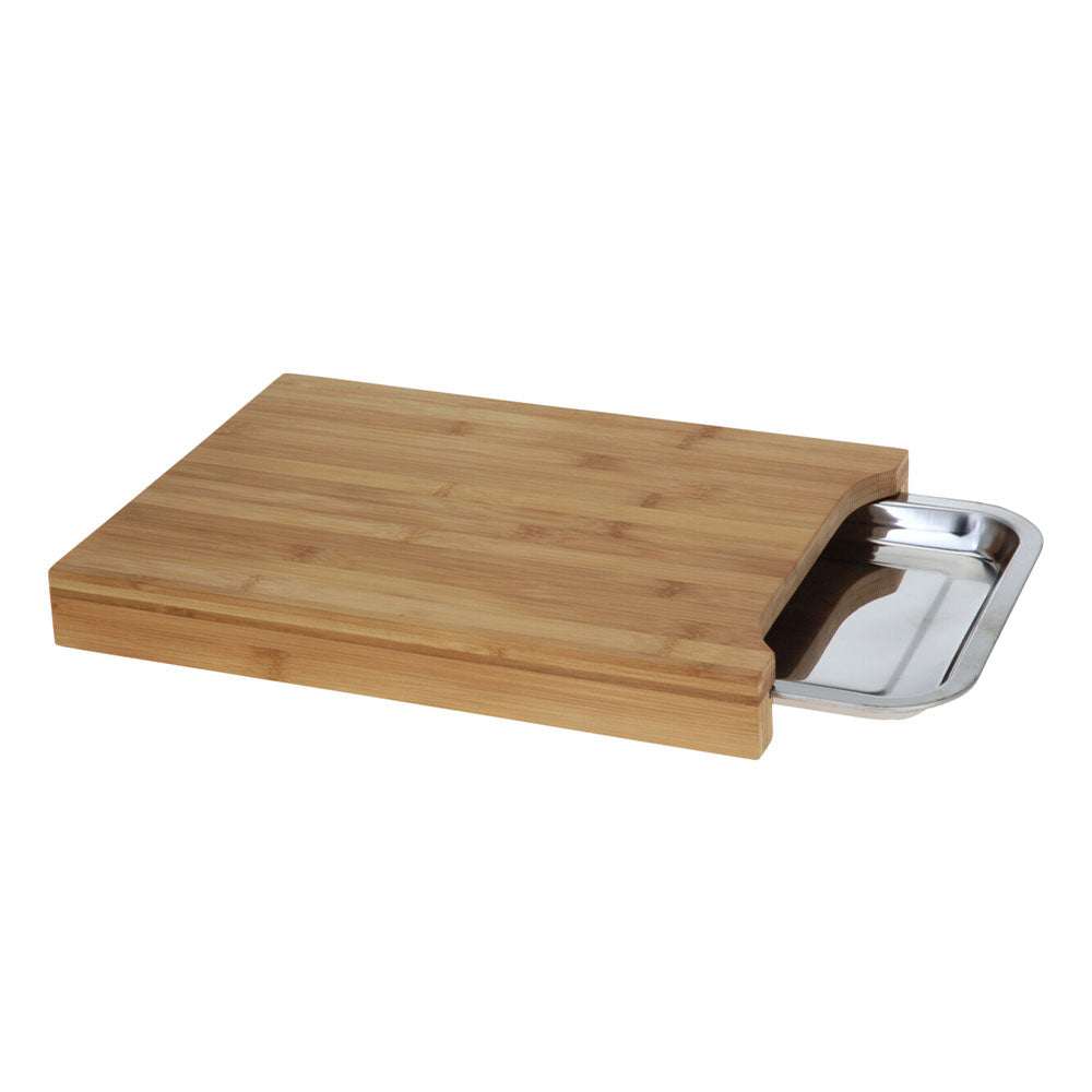 Eco lifestyle - ecolifestyle.shop Eco-Friendly Bamboo Cutting Board with Stainless-Steel Tray built-in stainless steel tray inside the board. Bamboo wood products are eco-friendly from 100% sustainable plantations, top-quality bamboo with little impact on the environment.  Size: 35 x 25 x 4cm. Material: Bamboo and Stainless Steel. 784200220 - 8711295187216