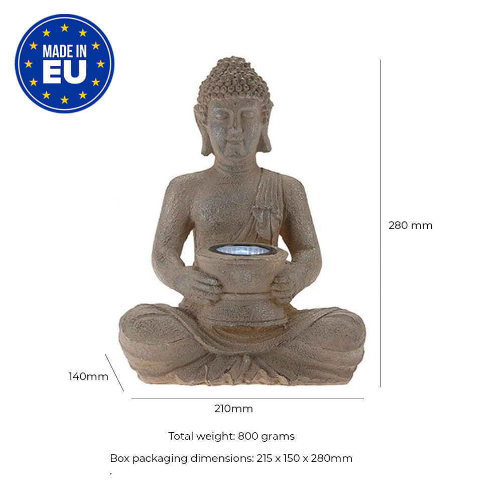 Estatua de Buda - Luz con energía solar - Luz de jardín Polystone - Diseño marrón