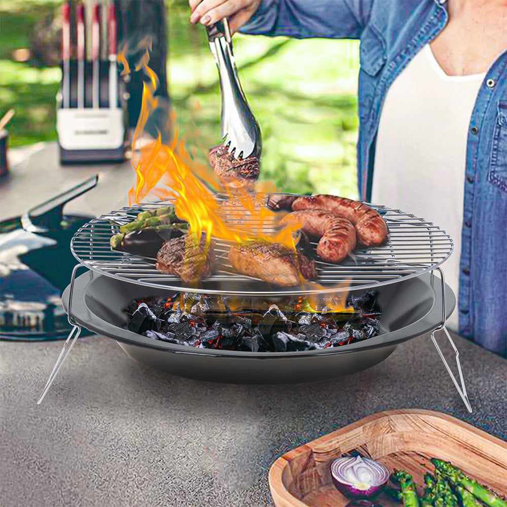 Eco lifestyle - ecolifestyle.shop Portable Light-Weight Round Charcoal Braai Grill. Easy to set up and store away thanks to its size. Portable and easy to carry around. Ideal for 3-4 people. Cooking height: 13.5cm. Bowl Diameter: 28.5cm. Size: 36 x 36 x 13.5cm. Material: Anti Rust Steel + Chrome coated grill. C80210120 - 8718158300898