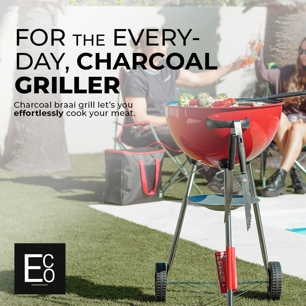 Charcoal Braai Grill on Wheels with Thermometer and Ash Catcher