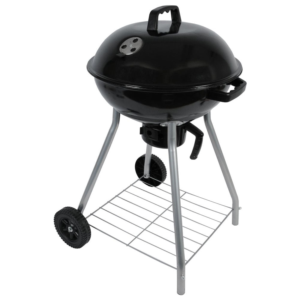 Eco lifestyle - ecolifestyle.shop All-in-one braai grill that you need for a bbq. 2 x Durable heavy-duty wheels for easy transport. Bowl and lid made of steel and covered with black enamel. Chrome grill grate. Easy to clean, removable ashtray. Wheels make it portable and easy to move. Ash catcher to avoid the mess. Adjustable Air vents to adjust temperatures. Storage tray for tools and charcoal. Size: 54 x 54 x 82cm. Cooking area: 45cm. Material: Metal. Fuel: Coal. E12300050 8711295844737