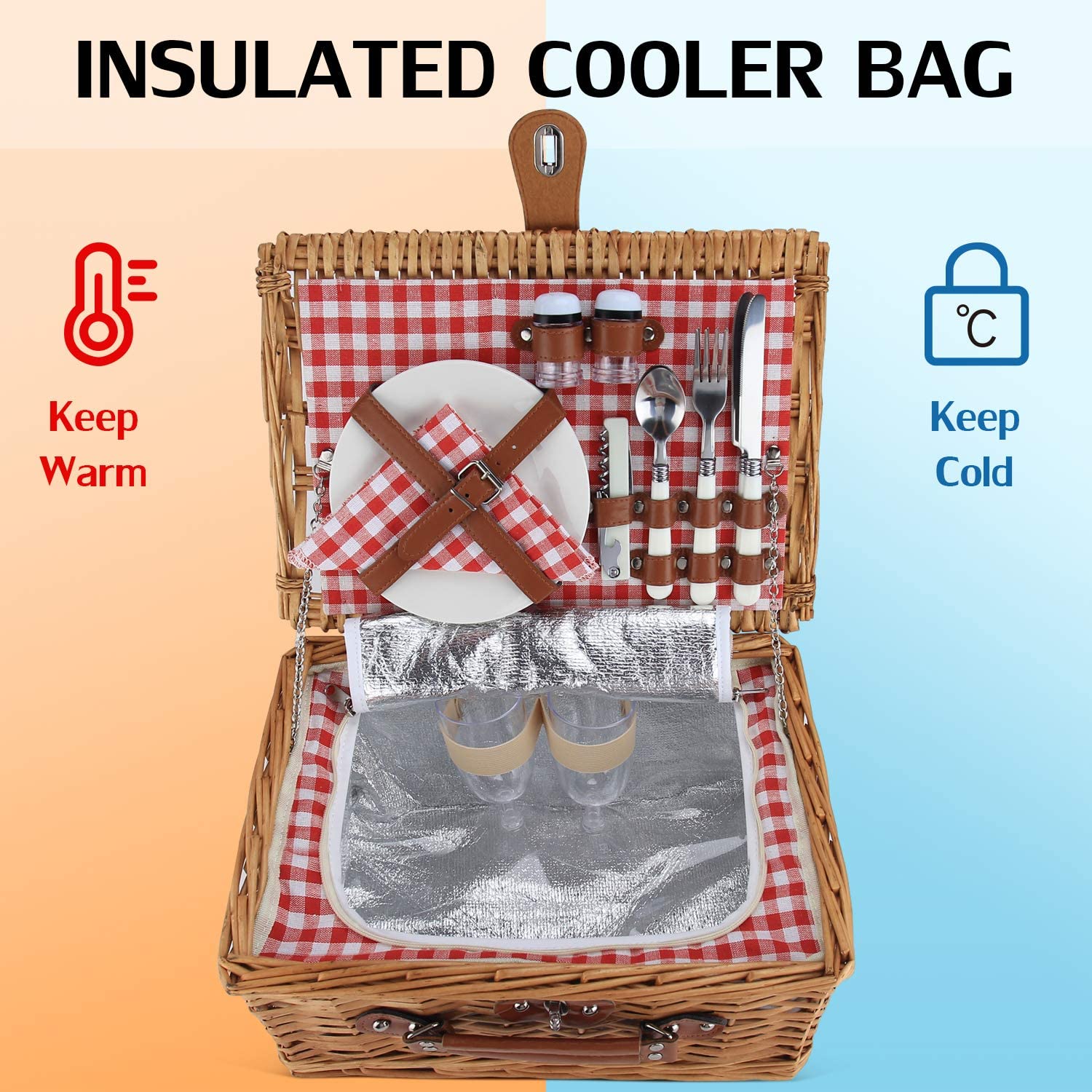 Picnic Basket with Cooler Bag for 2-People - Red Checkered Design