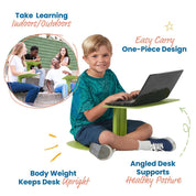 Eco lifestyle - Portable Flexible Laptop Desk with Seat and Slot Hole - DN-K-26 - Primary school boy using laptop desk to work on laptop and there are points saying it's easy carry, one-piece design, angled desk supports healthy posture, body weight keeps desk upright and there are uni students using the desks therefor you can use this item to take learning indoors and outdoors