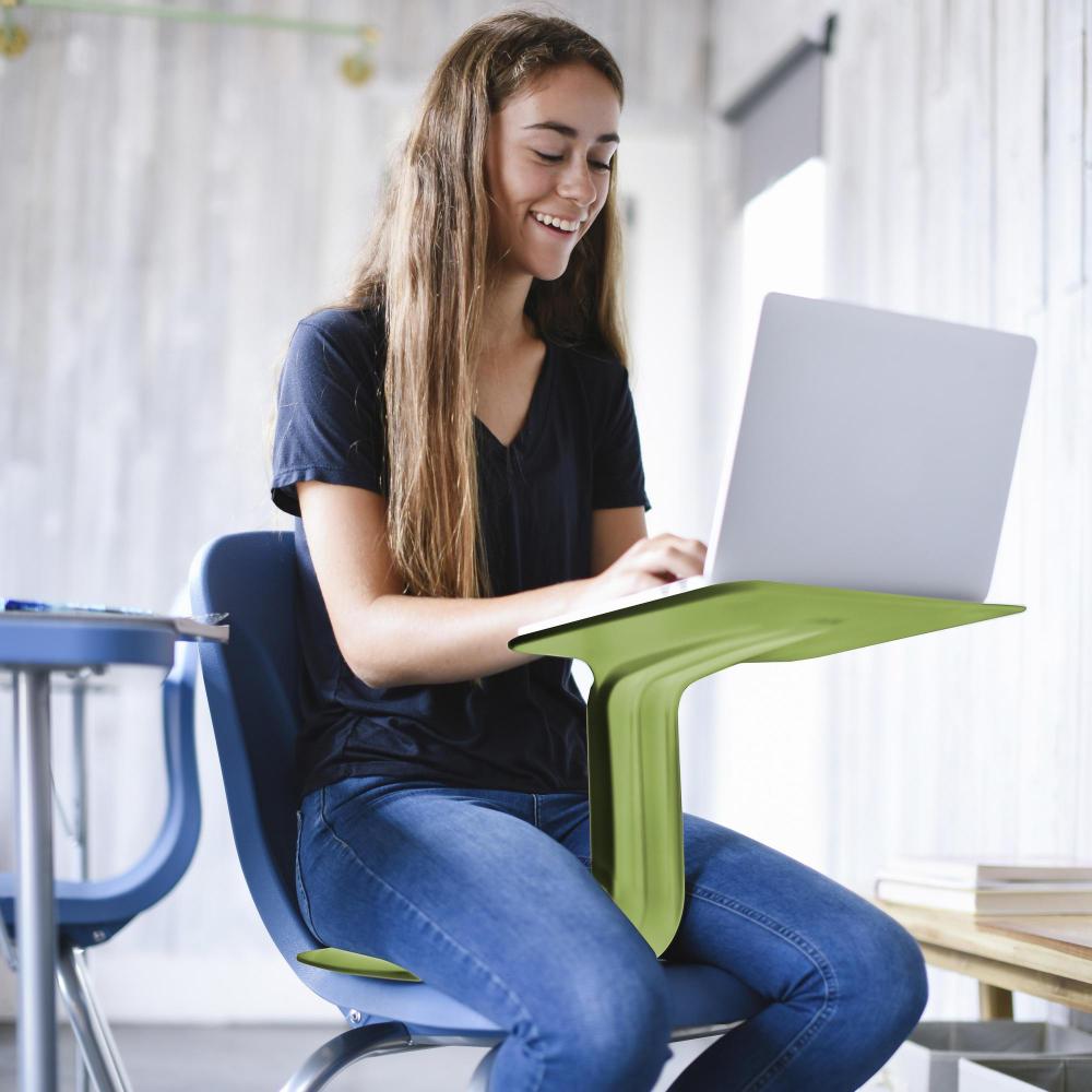 Eco lifestyle - Portable Flexible Laptop Desk with Seat and Slot Hole - DN-K-26 - university student typing on laptop while sitting on portable laptop desk