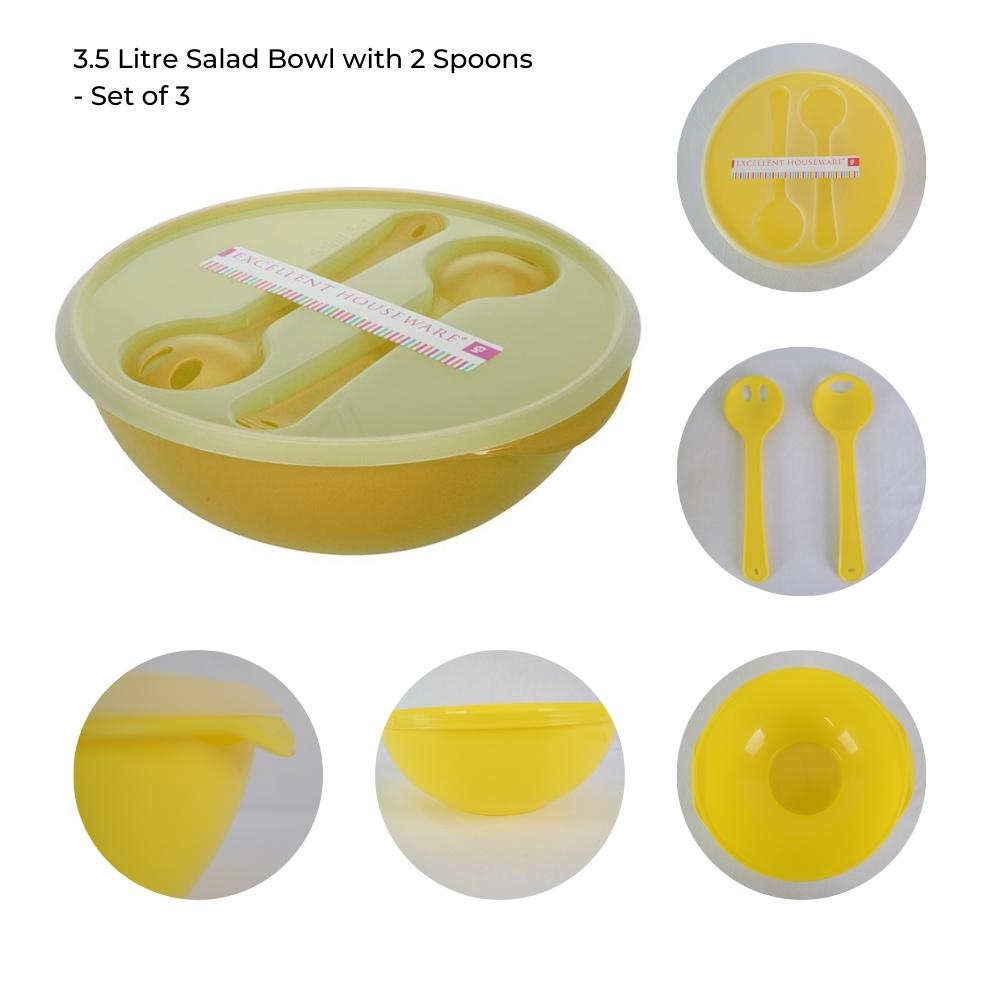 Salad Bowl with Lid and 2 Spoons - 3.5 Litre - Set of 3
