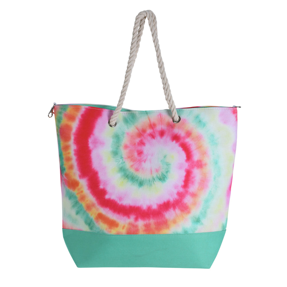 Beach Tote Bag with Rope Handles and Magnetic Seal - Tie Dye Design