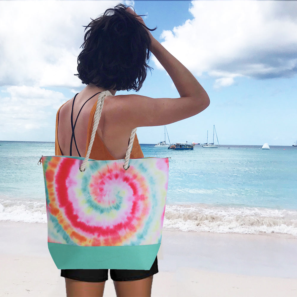 Beach Tote Bag with Rope Handles and Magnetic Seal - Tie Dye Design